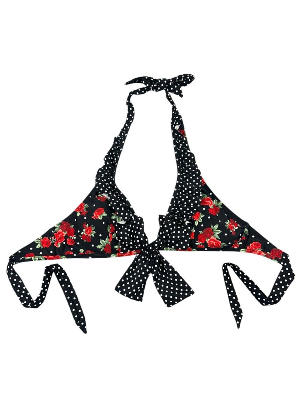 Y2K Hot Topic Retro Pin Up Rose & Polka Dot Ruffle Bikini Top